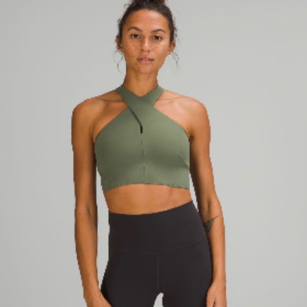 Lululemon Nulu Wrap-Front Long-Line Bra in Green Twill
